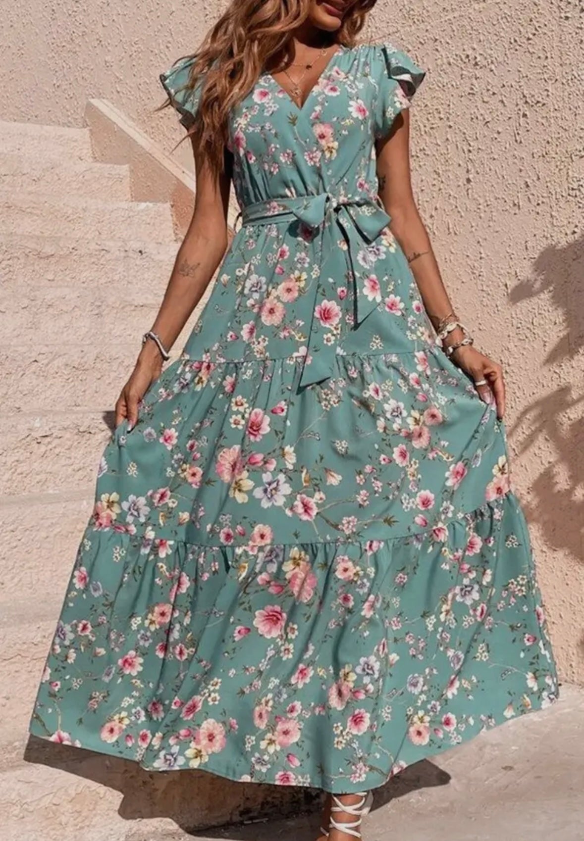 bright teal floral dress