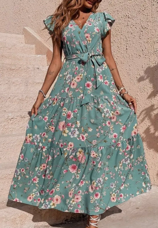 bright teal floral dress